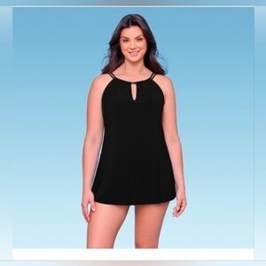 Aqua Green Women's High Neck Keyhole Swim Dress - Black Size S